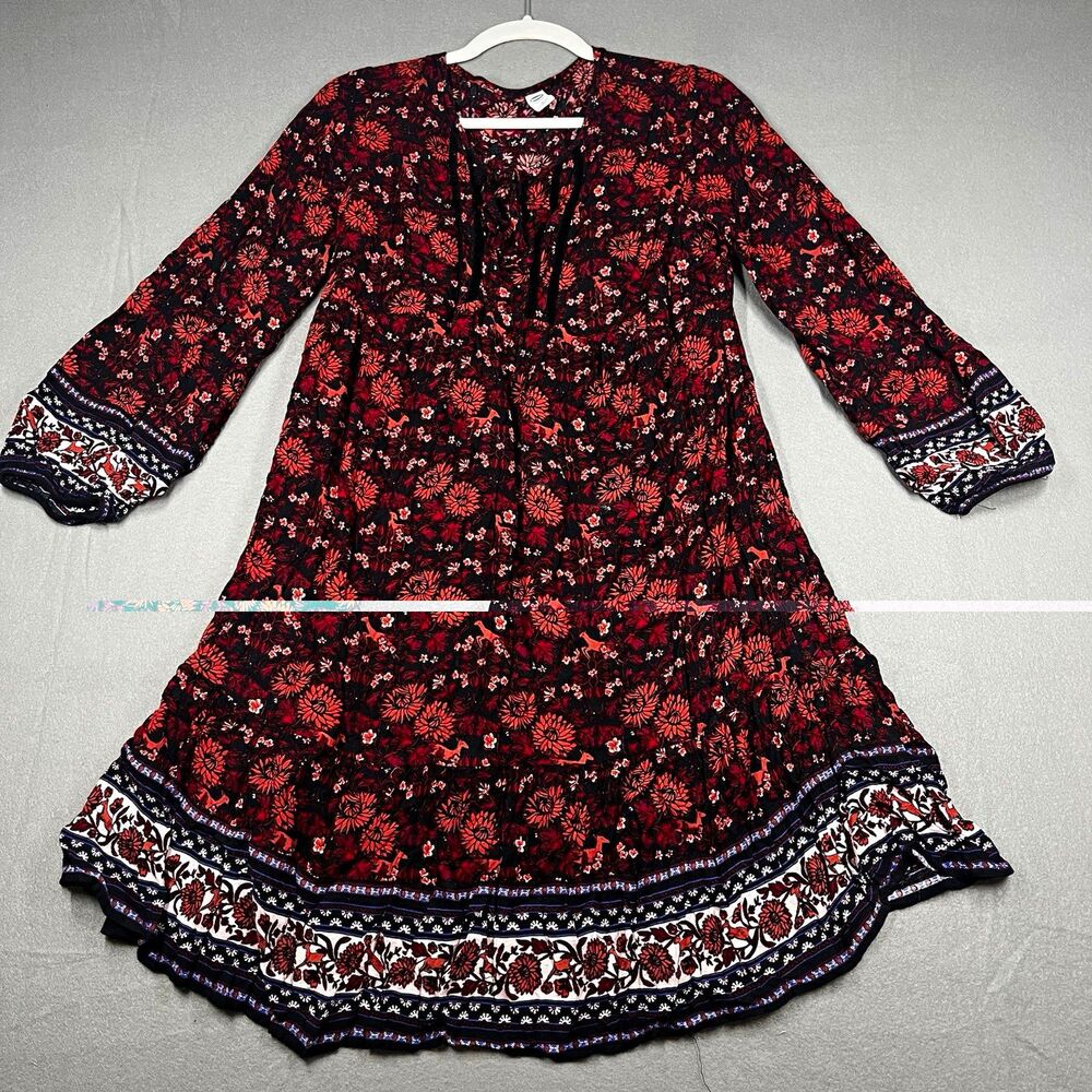Old Navy Black Floral Deer Shift Dress V-Neck 3/4 Bell Sleeve Tie Ruffle S